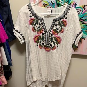 Anthropologie White Blouse with Pink and Green Embroidery